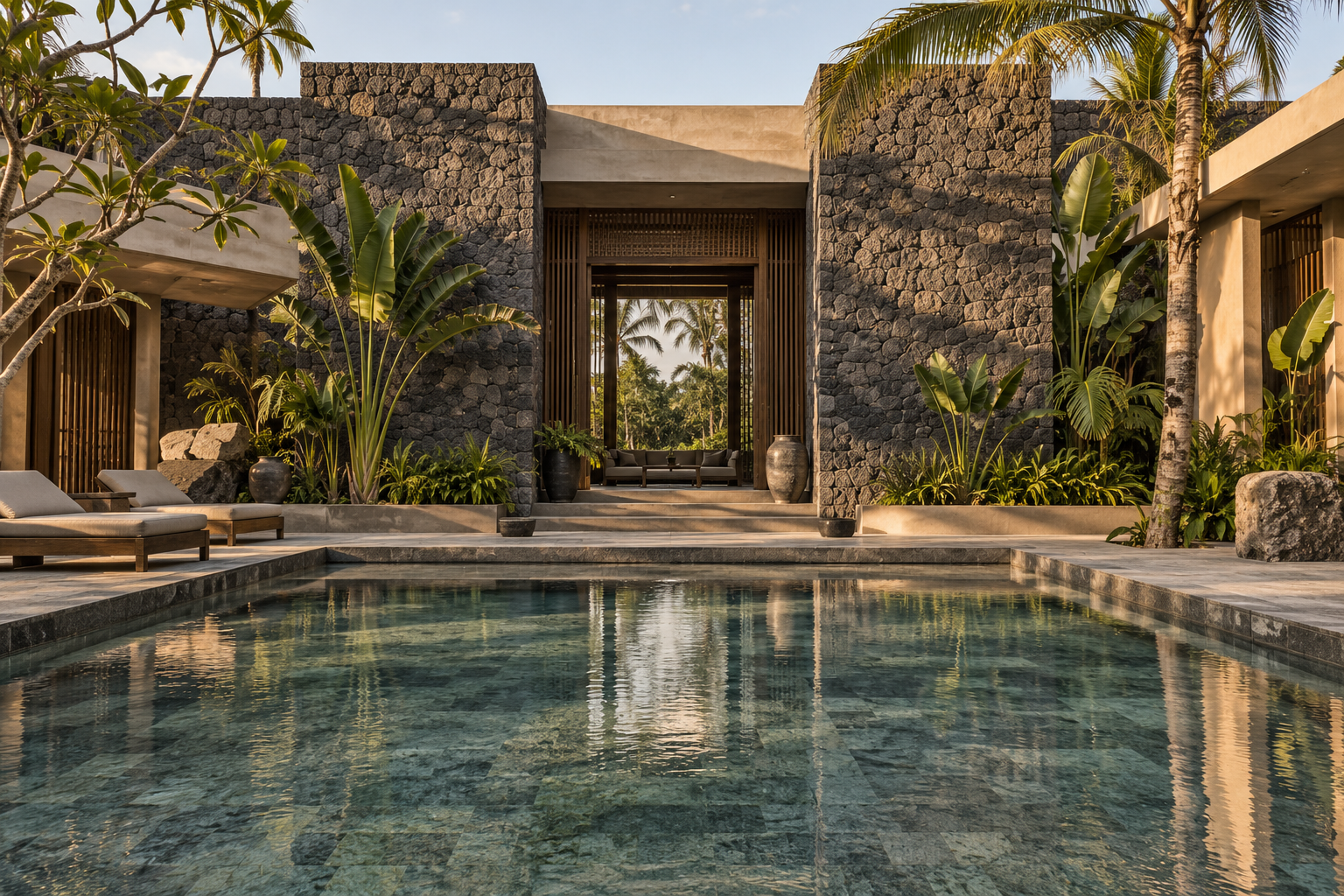 Premium Indonesian natural stone applied in resort and villa architecture